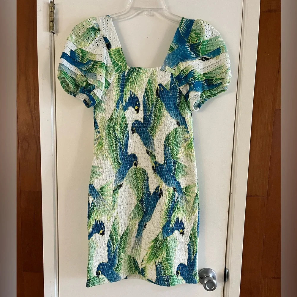 Farm Rio Araras Parrot Print Smocked Mini Dress - Picture 3 of 8